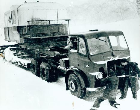 Truck in blizzard during the construction of the Snowy Mountains Scheme